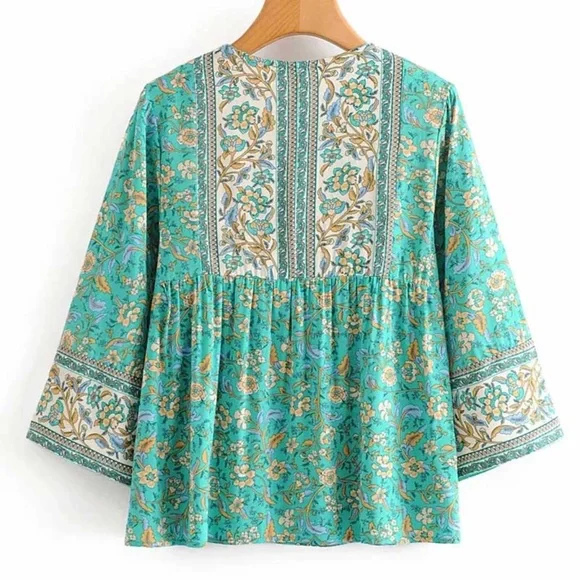 Boho Gypsy Floral Print Neck Tie Blouse - Picture 6 of 16